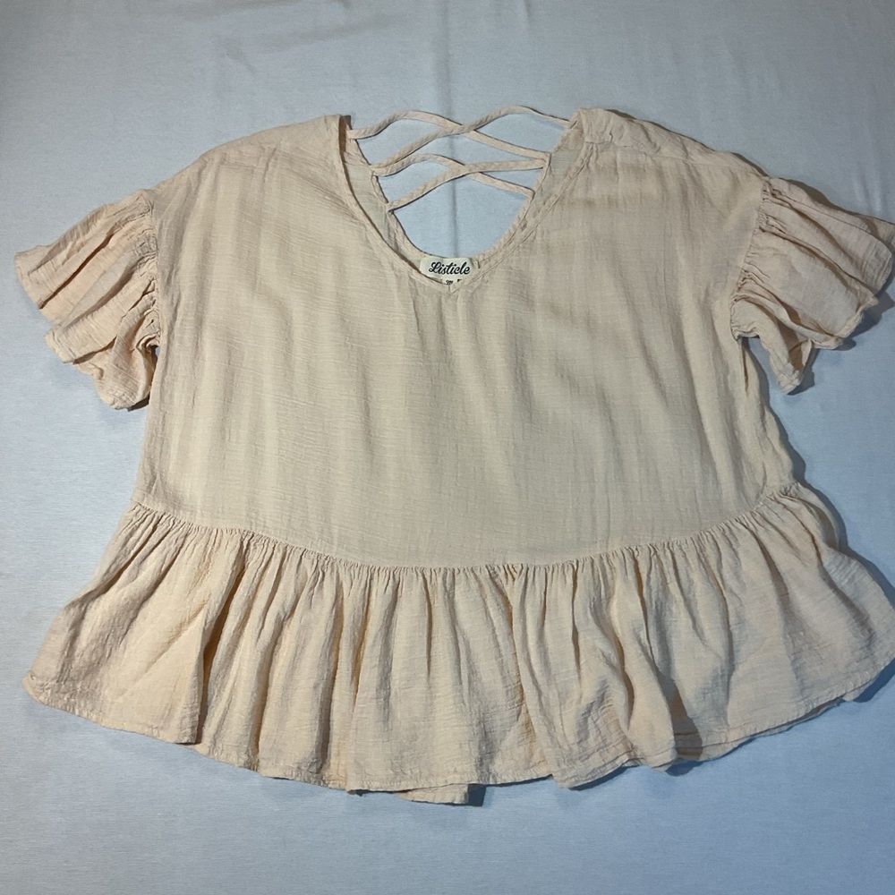 Listicle Women's Cream Baby Doll Ruffle Blouse & Ruffle Sleeves,‎ Size M V Neck
